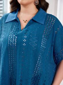 Lacomfia Embroidered Hollow Out Fashionable Loose Comfortable Turndown Collar Batwing Sleeve Versatile Blue Plus Size Shirt - Blue - View 7