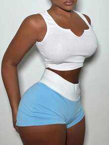 Alexandranx 女士休閒簡約基本款家居套裝：可愛運動風緊身U領短上衣和低腰緊身短褲，藍白針織彈性氨織素材 - 藍色 - 查看 3