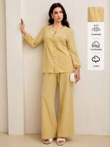 Mulvari Pantalones casuales amarillos de corte relajado con bolsillo - Amarillo - Ver 4