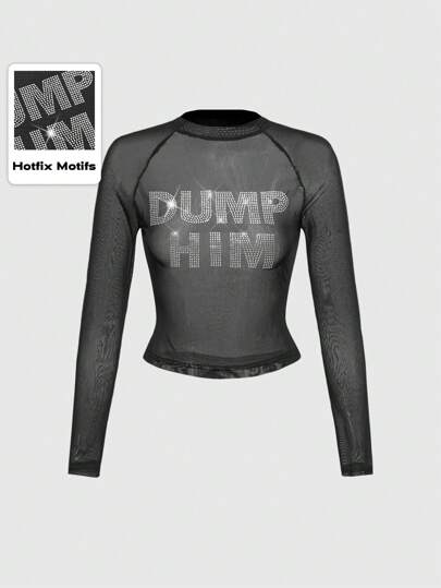 Street Life California Bombshell Sheer Rhinestone Slogan Bodycon Women Top