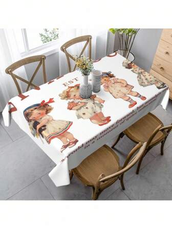 Goth 1pc Sweet White Tablecloth With Illustrations Of Four Girls Is Suitable For Outdoor Dining, Home Decoration, And Can Also Be Used For Picnics And Holiday Parties