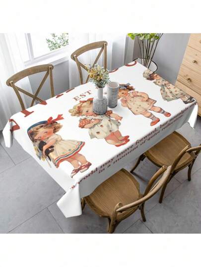Goth 1pc Sweet White Tablecloth With Illustrations Of Four Girls Is Suitable For Outdoor Dining, Home Decoration, And Can Also Be Used For Picnics And Holiday Parties