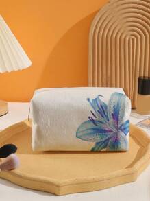 ROMWE Fairycore Blue Lily Flower Pattern White Background Velvet Makeup Bag - Multicolor - View 2