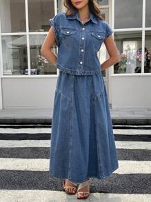 DAZY Women's Summer Casual Denim Vest & Mini Skirt 2-Piece Set - Blue - View 3