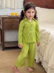 LMoss Kids 2 pièces Ensemble de chemise casual plissée en tissu unicolore et pantalon casual ample pour bébé fille - Vert - Voir 3