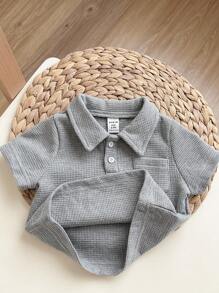 SHEIN 嬰兒男童短袖半扣領上衣和休閒長褲套裝 - 灰色 - 查看 3