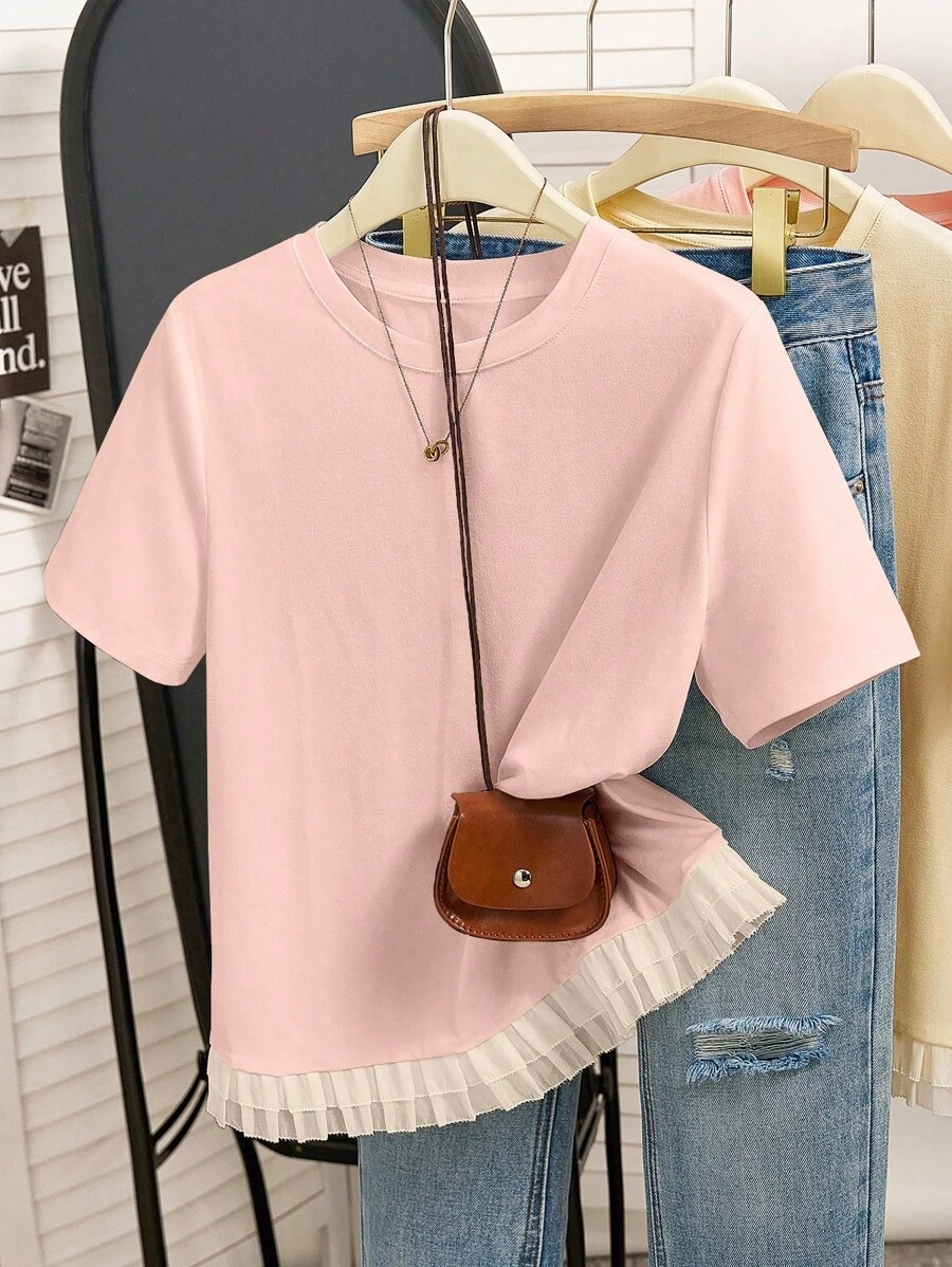 INAWLY 1件女士时尚流苏T恤，180克牛奶丝 - 粉色 - 查看 1