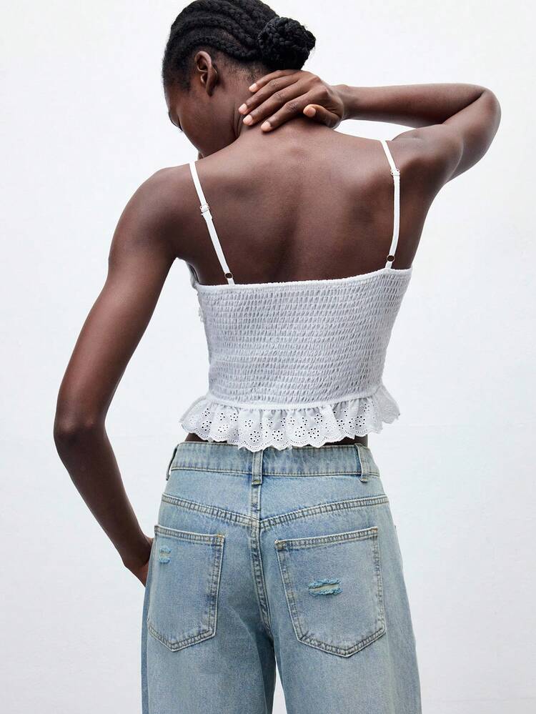 SHEIN Maija 2025 New Spring & Summer Music Festival, Beach Vacation, Open Front, Cross Tie Adjustable Shoulder Straps, Ruffle Hem Sexy Camisole Top, Suitable For Wedding Guest, Brunch, Airport, Daily Parties, Gatherings