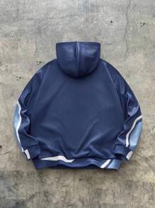 AXEPEAK 男士时尚撞色长袖休闲宽松连帽运动衫，适合秋冬 - 彩色 - 查看 2