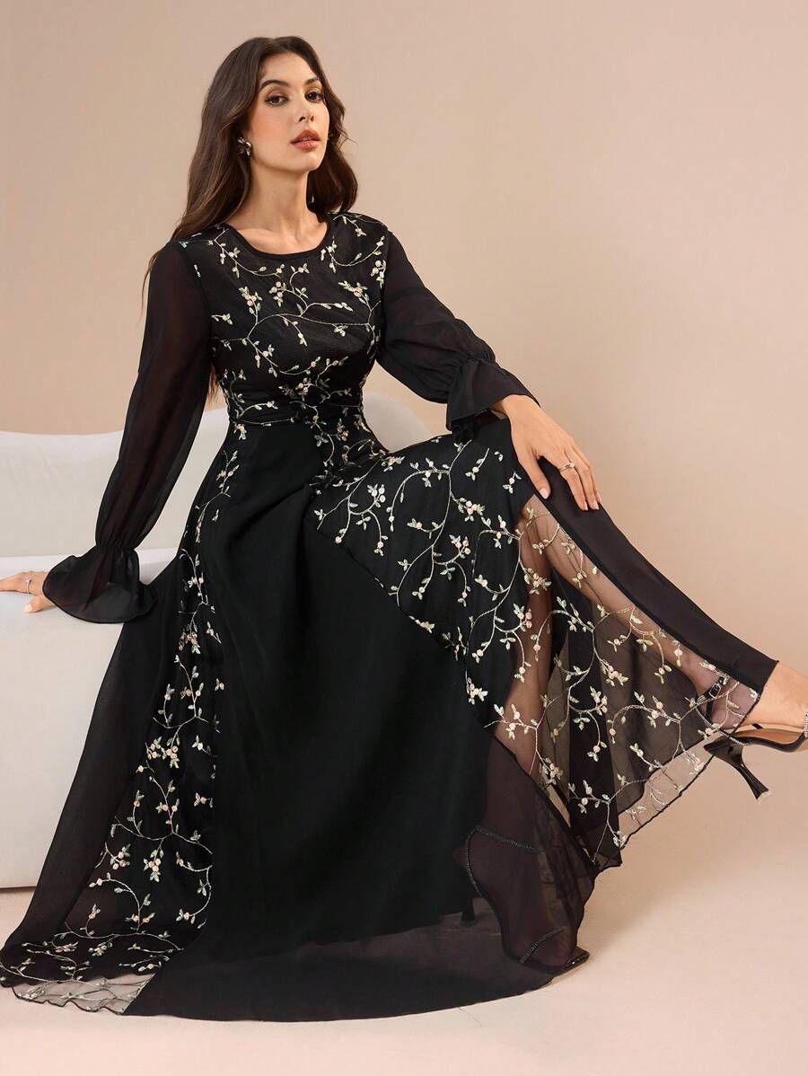 Modelyn 女式网眼刺绣拼布雪纺长袖喇叭连衣裙