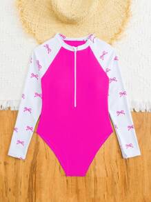 SHEIN 青少年女孩拼色蝴蝶结印花连体泳衣 - 玫紅色 - 查看 5