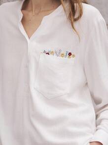 TrendSteals Women's Embroidered Linen Casual/Work Shirt With Small Stand Collar And Long Sleeves - White - View 3