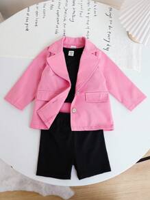 SHEIN Playful Pals 女婴三件套 - 玫瑰粉色长袖翻领休闲西装外套、黑色背心和黑色修身短裤，优雅时尚，适合春秋季日常穿着、拍照和秋冬季旅行。 - 玫紅色 - 查看 4