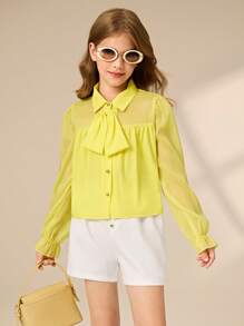 Tween Girls Chiffon Yellow Polo Collar Shirt And Casual Pants Set, European And American Street Style, Suitable For Spring/Autumn - Multicolor - View 4