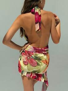 Aloruh Young Sexy Lady Music Festival Deep V-Neck Halter Backless Printed Mesh Mini Dress,Summer Dresses For Women - Multicolor - View 2