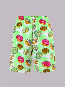 Tween Boy Donut Print Drawstring Waist Loose Swimming Shorts - Green - View 2