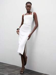 Lumivelle Sleeveless, Form-Fitting And Elegant Mid-Length Dress For Women With Swing Collar All White Summer Dress Clothes For University - White - View 6