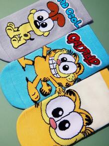 GARFIELD | SHEIN 3 双棉质柔软透气吸湿排汗儿童短袜，彩色可爱卡通图案踝袜，加固脚趾和脚跟，经久耐用，男女通用，适合所有季节，适合学校和户外 - 彩色 - 查看 3