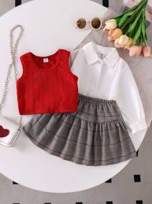 SHEIN 三件套女童优雅时尚套装：白色长袖休闲衬衫、红色针织背心和格子裙，适合上学、上班和秋季穿着。 - 紅色 - 查看 7