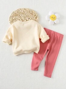 Cozy Pixies 女婴两件套柔软针织植物花卉图案圆领长袖毛衣上衣和松紧腰裤套装 - 杏色 - 查看 2