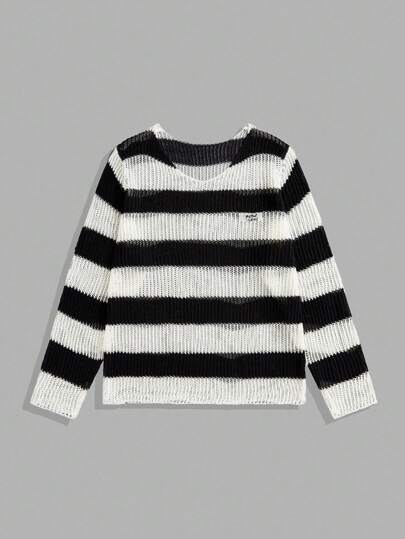 Grunge Punk Herren Kontrast gestreifter Cut Out Strick Pullover