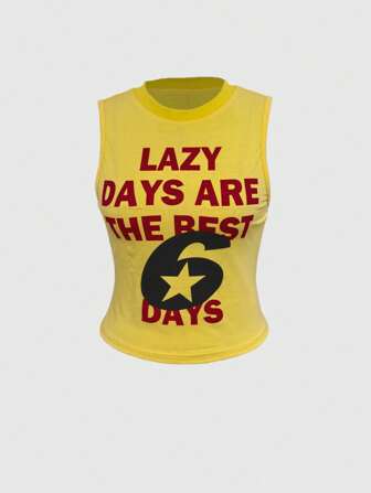Street Life California Girl Sporty Lucky Number & Letter Print Sleeveless Fitted Top