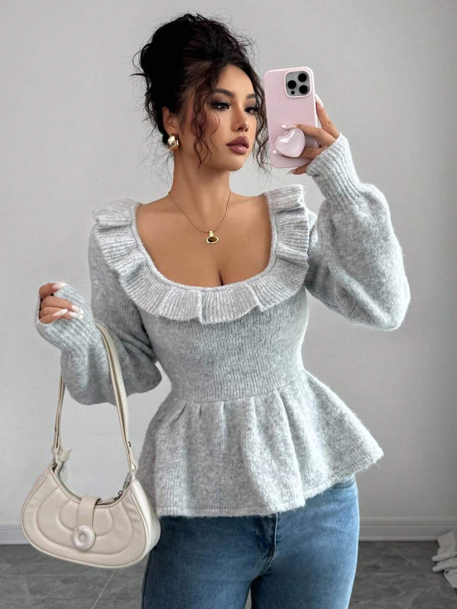 Selianne Women Solid Color Long Sleeve Ruffle Hem Fitted Sweater Fall Winter Cloth For Women - Grey - View 1