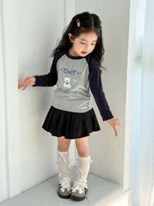 Zikori Zikori Young Girls' Casual Animal Pattern Color-Block Long Sleeve T-Shirt