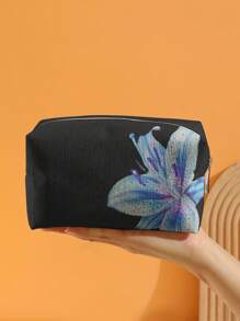 ROMWE Fairycore Black Background Navy Lily Flower Pattern Octagon Velvet Cosmetics Bag - Multicolor - View 3