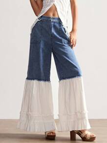 Bohemela Summer/Autumn Women's Vintage Casual Solid Color Woven Wide Leg Loose Fit Jeans Pants, Bohomian Style Vacation Outfits Wide Leg Jeans Women Ruffle Pants Loose Jeans Two Tone Jeans Tiered Ruffle Jeans