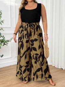 SHEIN CURVE+ 大码女式腰带印花拼布休闲连体裤，夏季波西米亚风度假夏季/乡村/海滩度假装/沙滩装/沙滩装 - 卡其色 - 查看 5