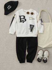 SHEIN 幼儿男童休闲运动罗纹针织圆领、袖口、下摆印花设计长袖上衣和裤子套装，秋冬 - 彩色 - 查看 1