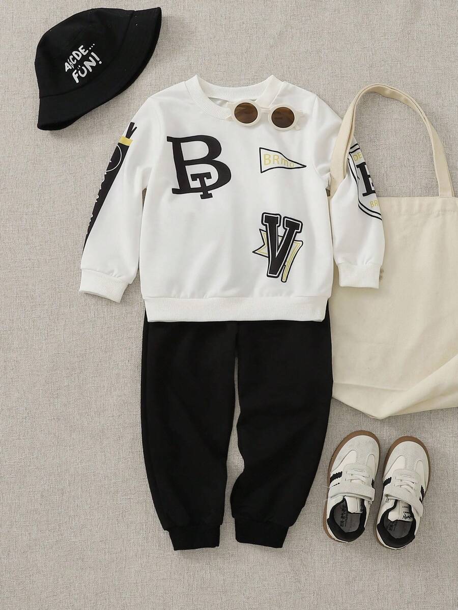 SHEIN 幼儿男童休闲运动罗纹针织圆领、袖口、下摆印花设计长袖上衣和裤子套装，秋冬 - 彩色 - 查看 1