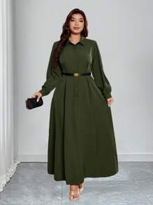 DreamSkyne Đầm tay đèn lồng màu trơn thanh lịch cỡ lớn đi làm - màu xanh lá - Xem 5