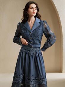 Anewsta 2 件套女士套装：海军蓝花卉印花透视长袖 V 领衬衫和喇叭裙，春夏 - 寶藍色 - 查看 6