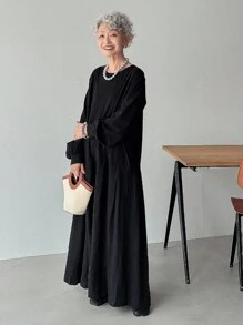 FRIFUL 女式黑色纯色拼布面料褶皱长裙长袖连衣裙、办公室连衣裙、商务休闲连衣裙 - 黑色 - 查看 3