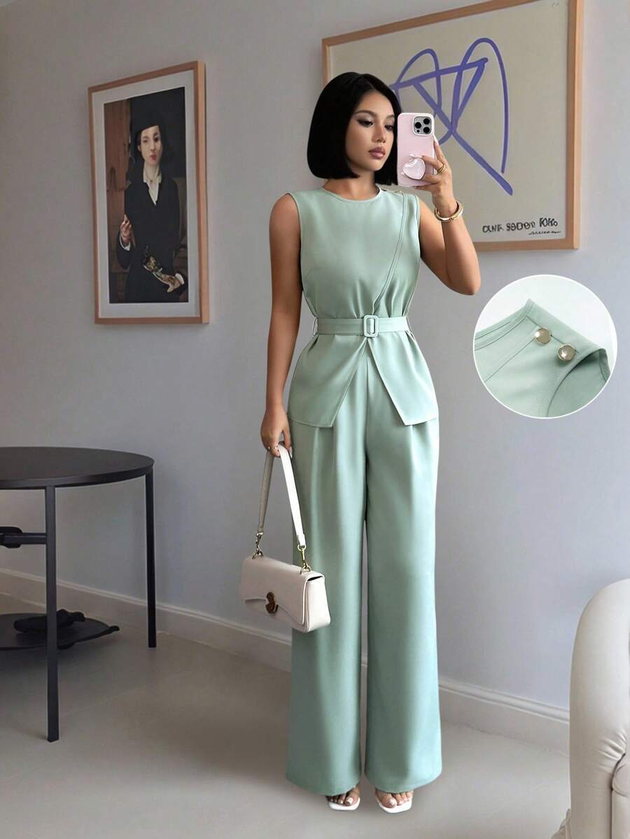 Chiquease 1件装女士夏季修身扭腰优雅连体裤套装，适合大学穿着 - 綠色 - 查看 1