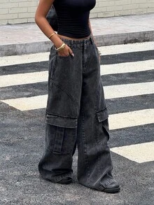 Muchica Quần ống rộng dáng rộng có túi hộp thường ngày dành cho nữ, đa năng - màu đen - Xem 1