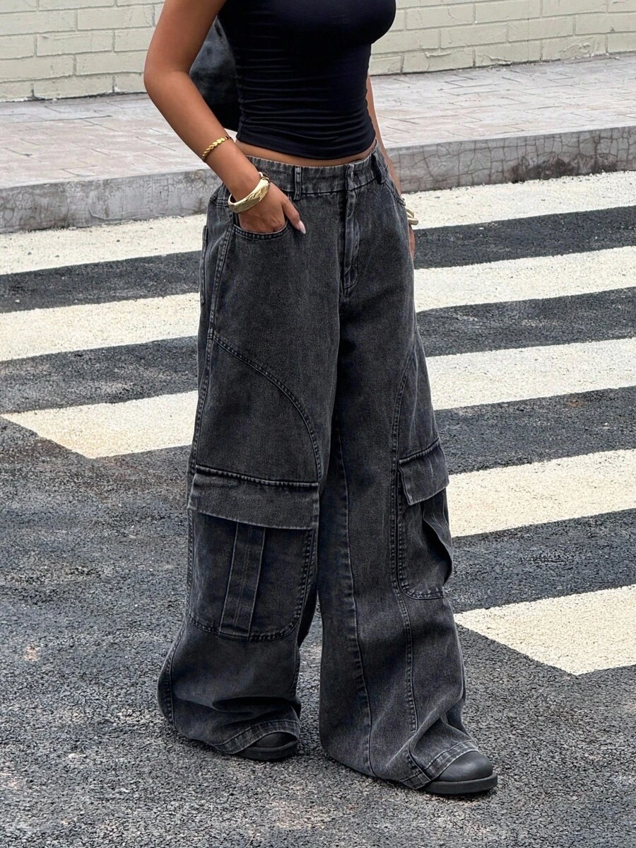 Muchica Quần ống rộng dáng rộng có túi hộp thường ngày dành cho nữ, đa năng - màu đen - Xem 1