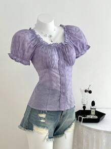 Elamini White Eyelet Embroidery Elegant Waist-Cinching Short Sleeve Blouse, Suitable For Summer - Purple - View 4