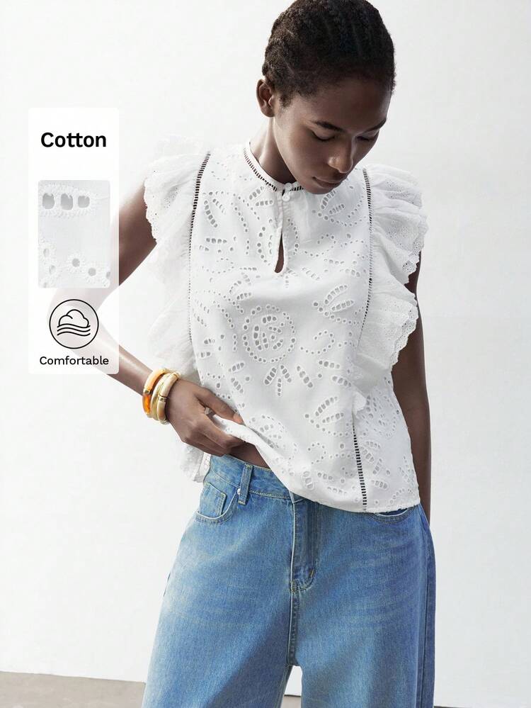 SHEIN Maija 2025 Summer New Elegant Eyelet Embroidery Hollow Lace Flounce Sleeveless Blouse, Suitable For Music Festival, Beach Vacation, Casual Daily, Romantic Urban Vacation, Graduation Party, Beach/Swimming, Boho Style, Euphoric Holiday