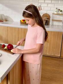 SHEIN 少女休闲宽松纯色T恤和条纹蝴蝶结印花长裤睡衣套装 - 粉色 - 查看 5