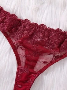 SHEIN 2件套粉色浪漫女士钢圈文胸套装 - 酒紅色 - 查看 4