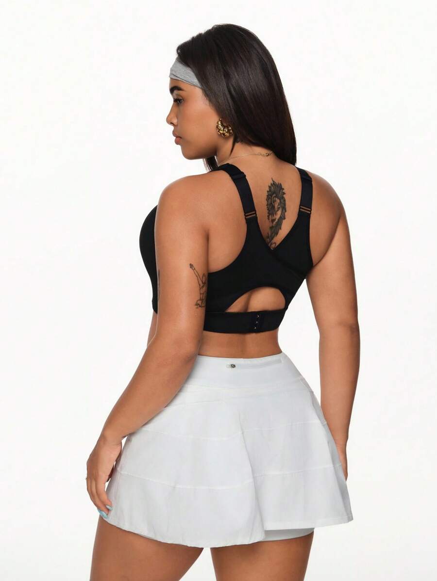 Easithlete 加大码经典黑色运动文胸，带固定罩杯、多线隔层、增强胸围、可调节肩带和后钩，提供高支撑 - 黑色 - 查看 1