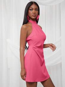 NYA SZN Dress Spring Mock Neck Halter Fitted Festival Summer Mini Dress Gyaru Vacation Graduation Old Money Wedding Guest Special Occasion Bridal Dinner Prom Carnival Outfits For Women - Hot Pink - View 7