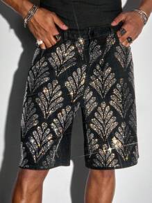 ROMWE MEN Street Life 男士宽松牛仔短裤，带水钻设计和口袋，