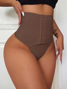 SHEIN Women's High-Waisted Tummy Control Shapewear Panty With Hook-And-Eye Closure - Mocha Brown - View 5