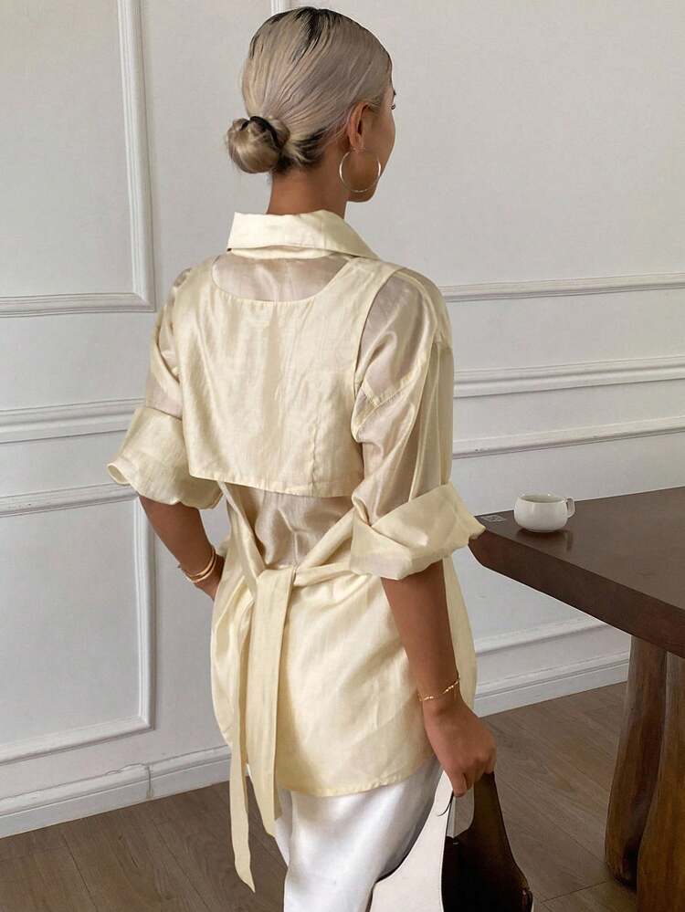 2pcs Women Casual Loose Solid Color Sleeveless Tank Top And Collared Long Sleeve Shirt Set, Autumn,Fall Women Clothes