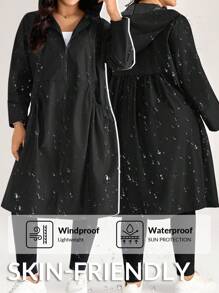 Comfylo 加大码时尚纯色军绿色连帽口袋设计中长款夹克秋季带口袋女式风衣外套冬装 - 黑色 - 查看 1