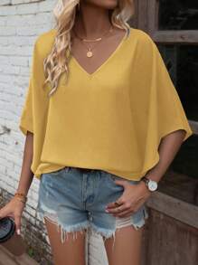 SHEIN LUNE Áo sơ mi nữ tay cánh dơi cổ chữ V rộng rãi thường ngày - Màu vàng - Xem 3